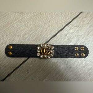 New upcycled Gucci Elegant Black Leather Bracelet with Gold Accents s/m wrist